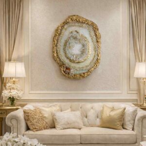 Golden Ethiopian Opal-Rainbow Quartz Crystal Luxury Geode Epoxy Resin Wall Art