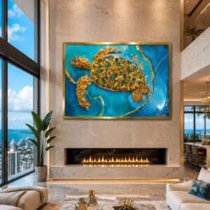 Azure Blue Green Gold Sea Turtle Crystal Epoxy Resin Luxury Wall Art