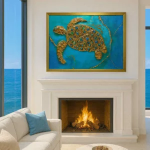 Azure Blue Green Gold Sea Turtle Crystal Epoxy Resin Luxury Wall Art