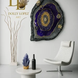 Purple Luxury Epoxy Resin Geode Wall Art with Quartz Crystals & Agate "Midnight Flow"