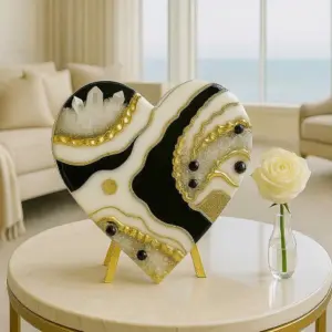 Crystal Heart Collection -Black -White Quartz Crystal Heart