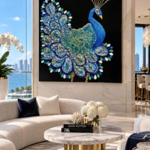 "Gold Peacock- Blue Kyanite & Rose Quartz  Luxury Gemstone Wall Art