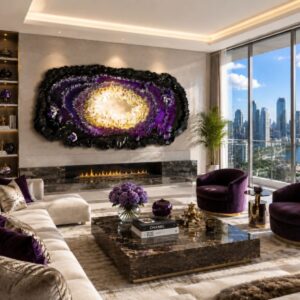 “Purple Luxury Epoxy Resin Wall Art with Amethyst Quartz Crystals"